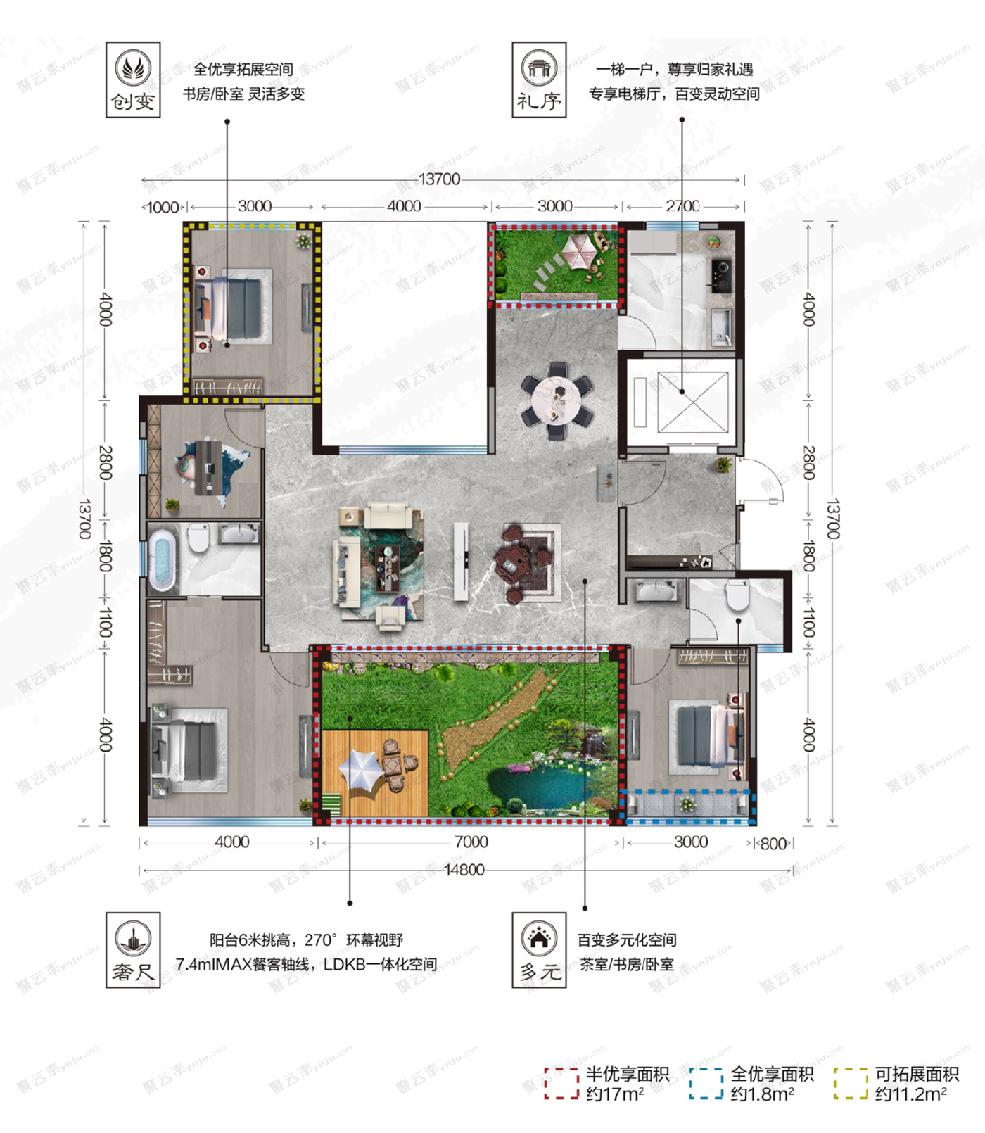 蒙自市恒宁·文澜府 天境E2户型(奇数层)户型图_聚云南房产网 | YNJU.COM_红河州房地产专业导购平台